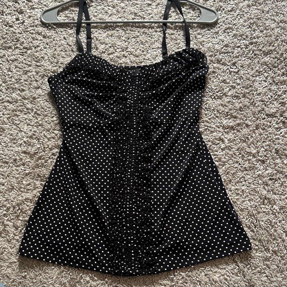 White House Black Market Black with White Polka Dot Ruched Cami